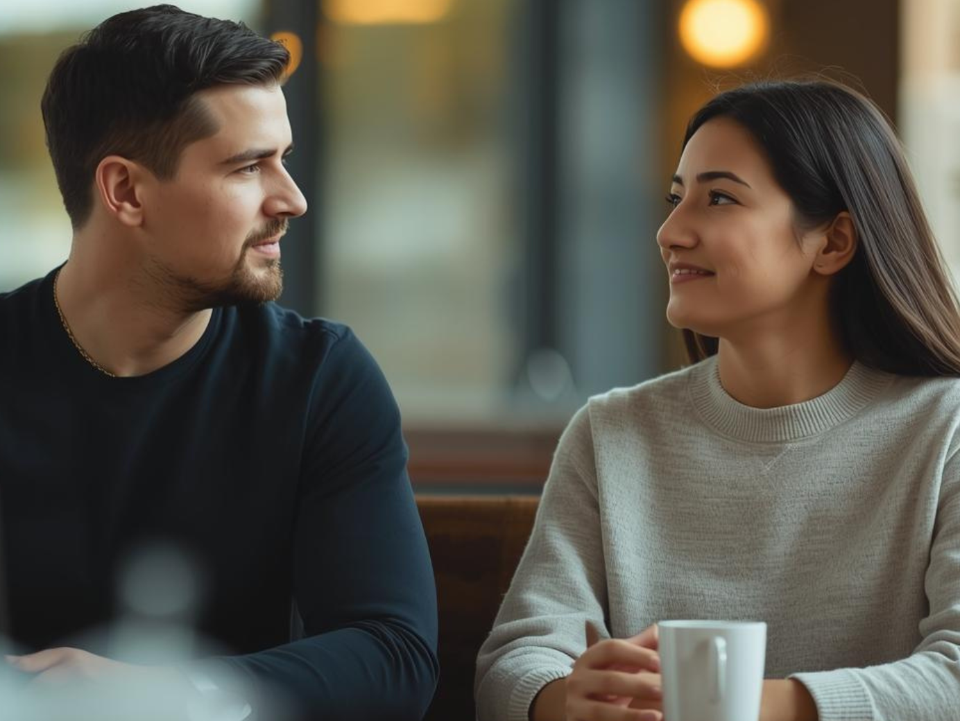 um homem e uma mulher conversando com atenção plena.