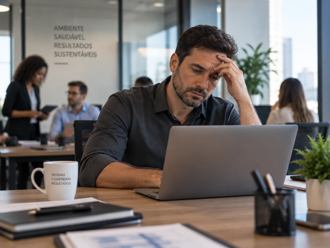Profissional em ambiente corporativo demonstrando cansaço e reflexão após um período de trabalho.