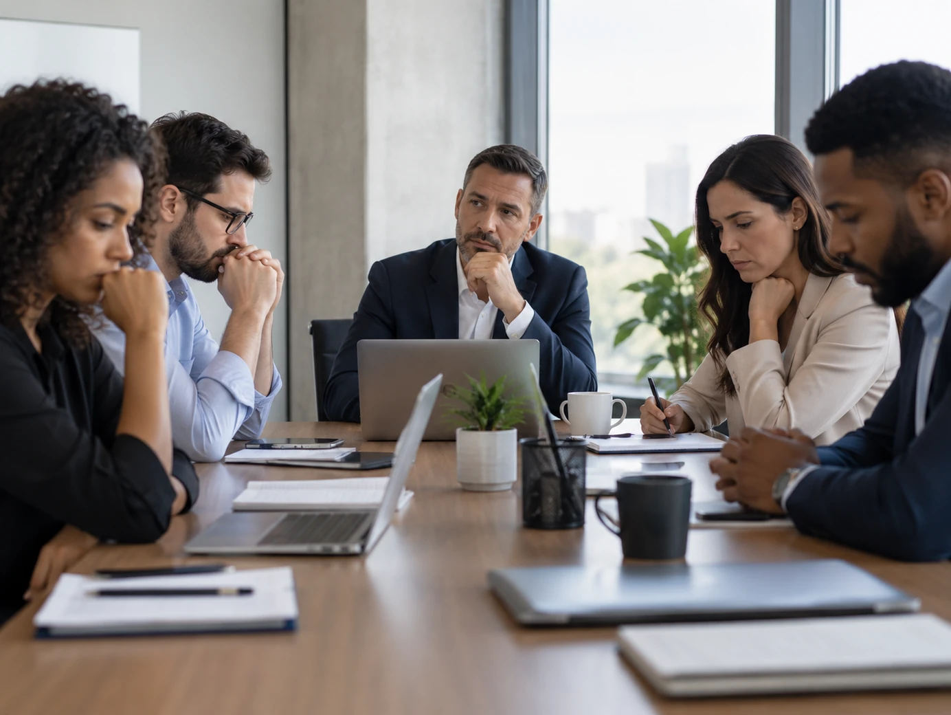Equipe em reunião demonstrando tensão e dificuldade para conversar sobre conflitos no ambiente de trabalho.
