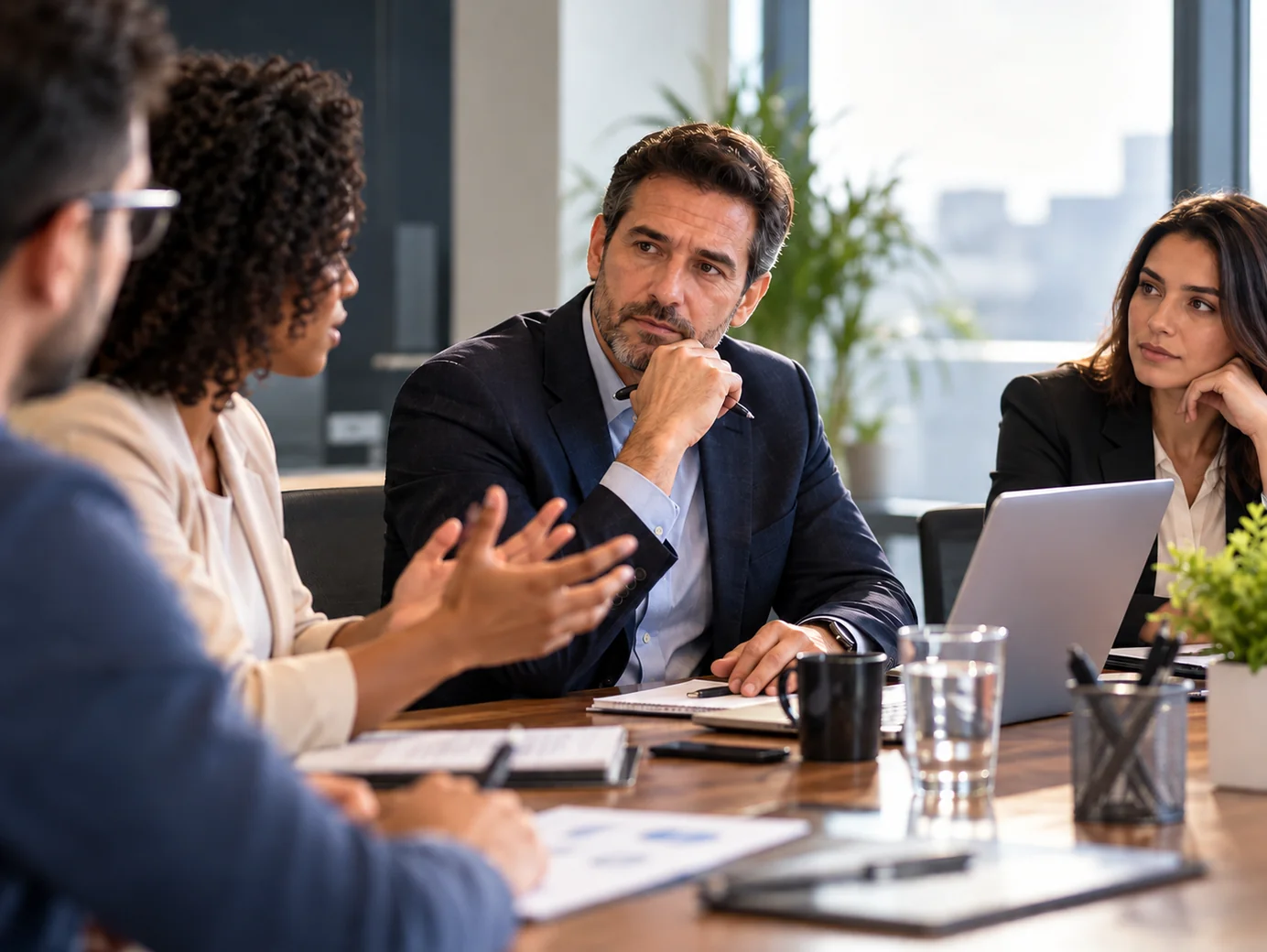 Gestor com a mão apoiada no queixo ouve uma colaboradora durante reunião de equipe em ambiente corporativo.