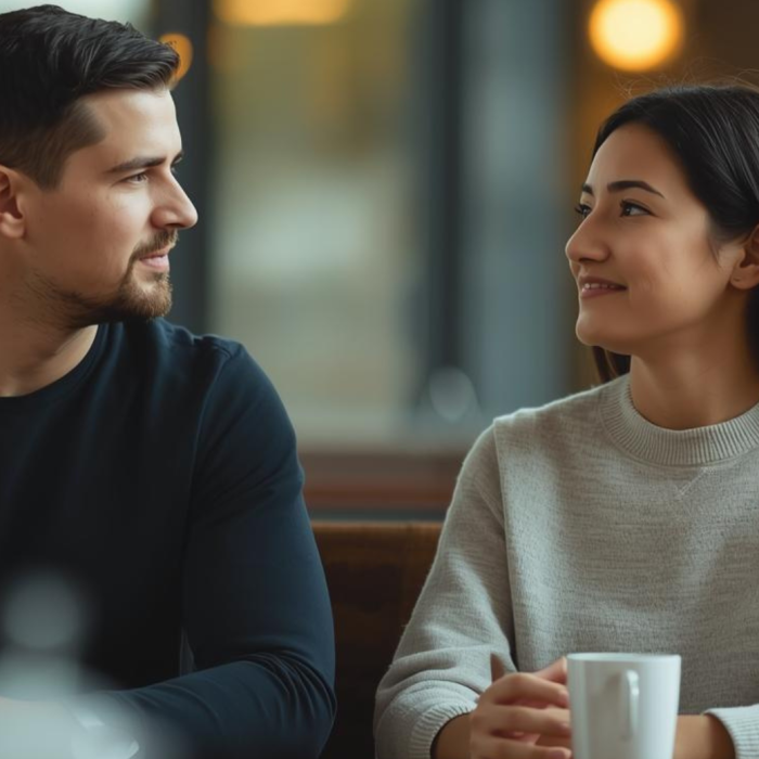 um homem e uma mulher conversando com atenção plena.