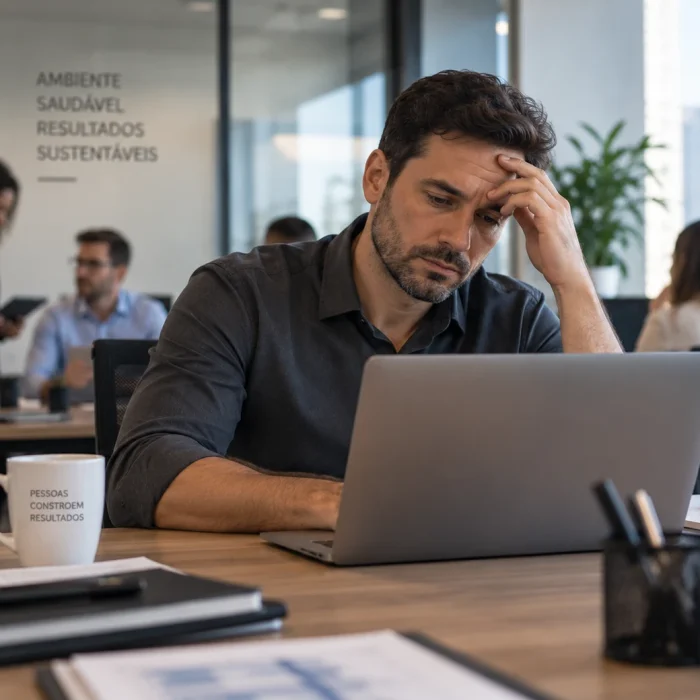 Profissional em ambiente corporativo demonstrando cansaço e reflexão após um período de trabalho.