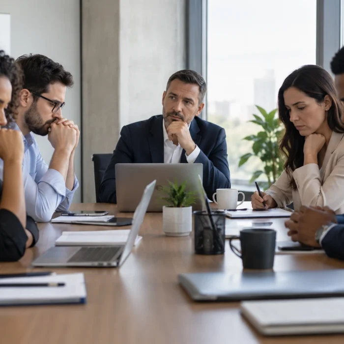 Equipe em reunião demonstrando tensão e dificuldade para conversar sobre conflitos no ambiente de trabalho.