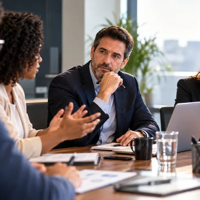 Gestor com a mão apoiada no queixo ouve uma colaboradora durante reunião de equipe em ambiente corporativo.